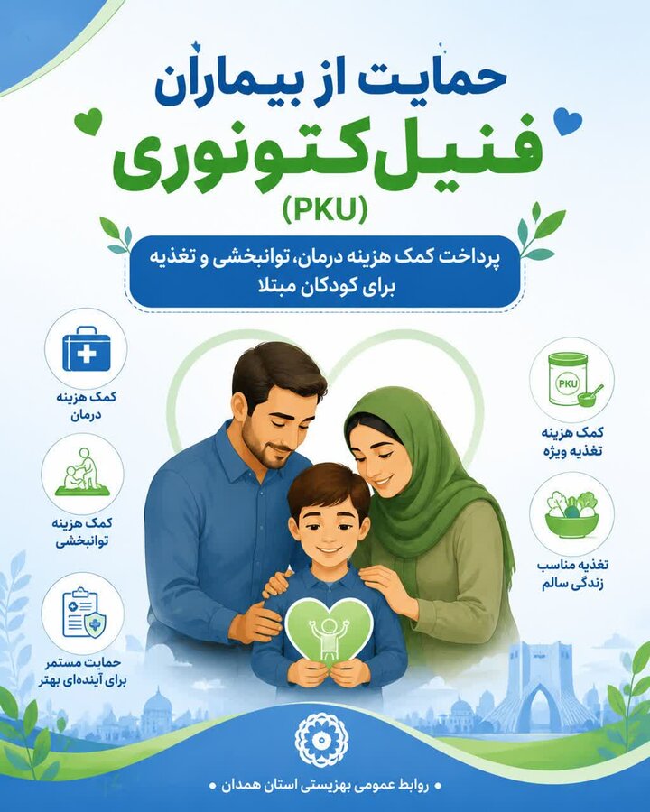 پوستر | حمایت همه‌جانبه بهزیستی استان همدان از بیماران فنیل‌کتونوری (PKU)